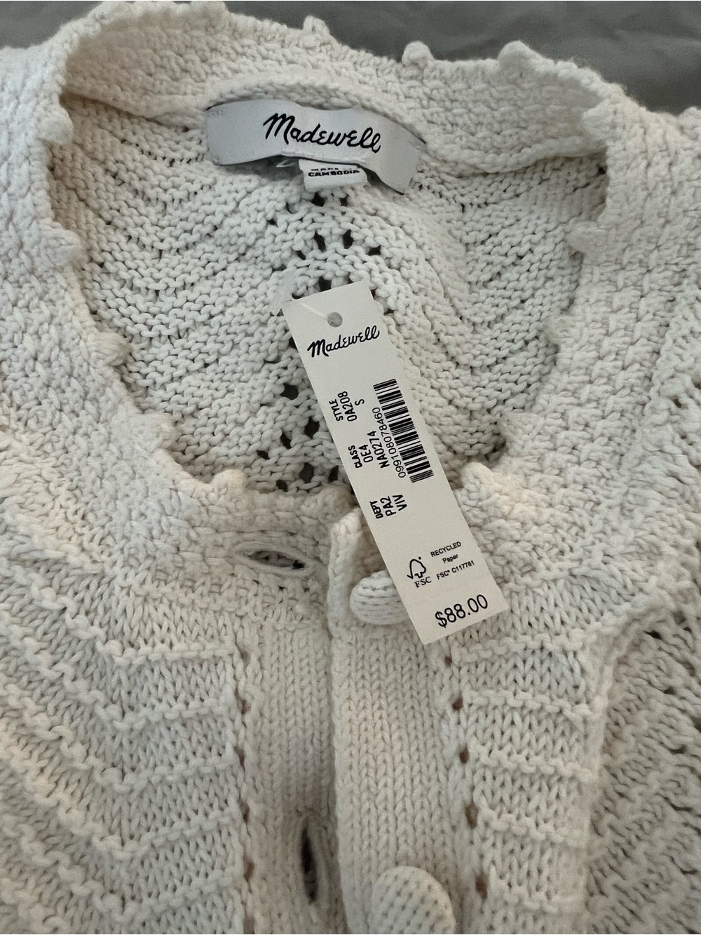 Madewell Cream Knit Button-Front Cardigan